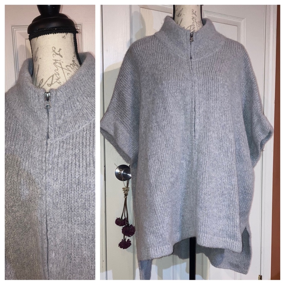 ELK Alpaca Wool Blend Short Sleeve Knit Full Zip Sweater Grey One Size